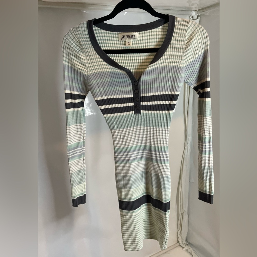 Say What? Long Sleeve Striped Dress - Green, Gray, Cream size medium